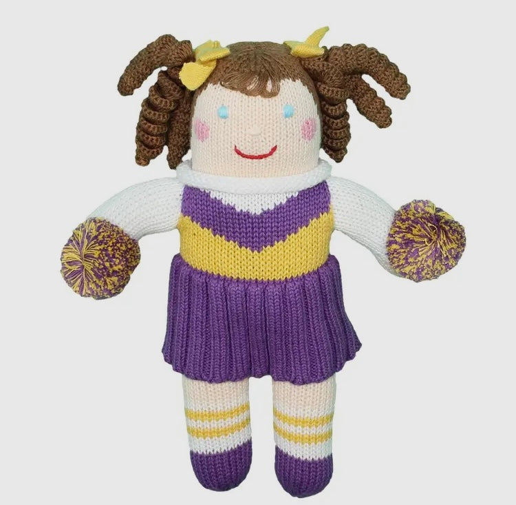 Purple and gold cheerleader crochet rattle