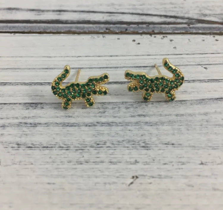 Tiny rhinestone alligator post earrings : Green