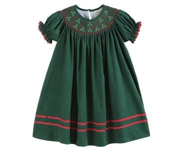 Green Christmas Mistletoe Smocked Bishop Dress