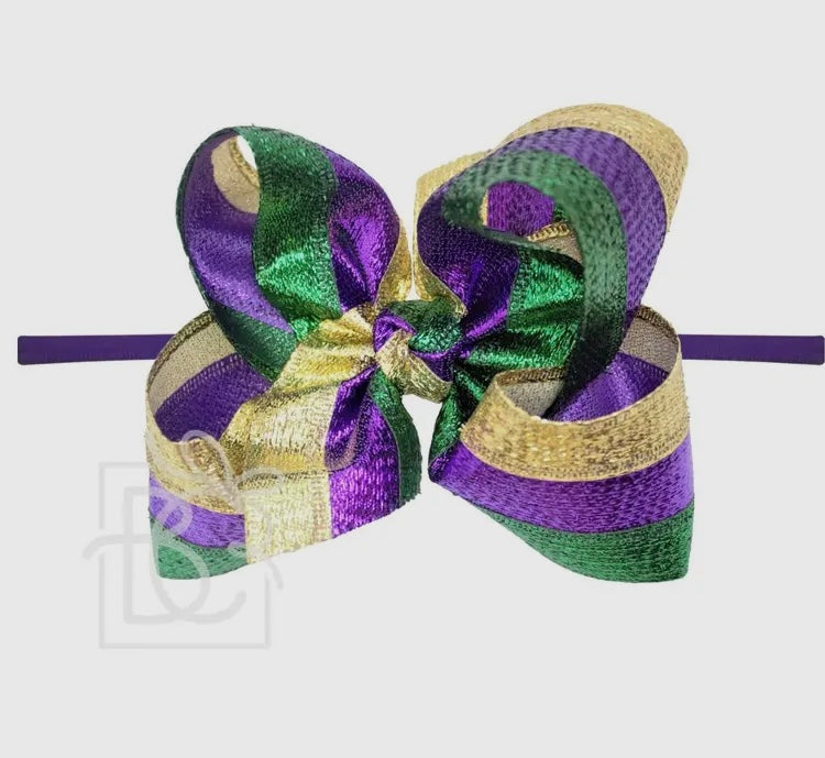 1/4 Pantyhose Headband with 5.5 in Metallic Stripe Mardi Gras Bow