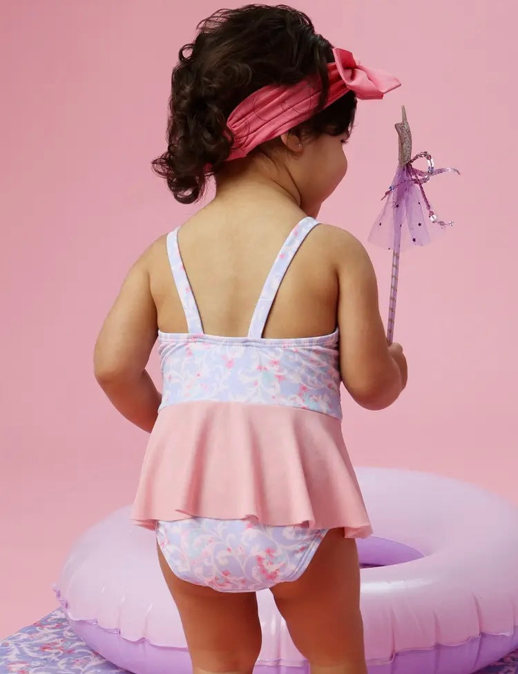 Girls Lavender Floral Princess Dress-Up One Piece Swimsuit