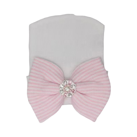 White Beanie Cap with Knit Rhinestone Bow