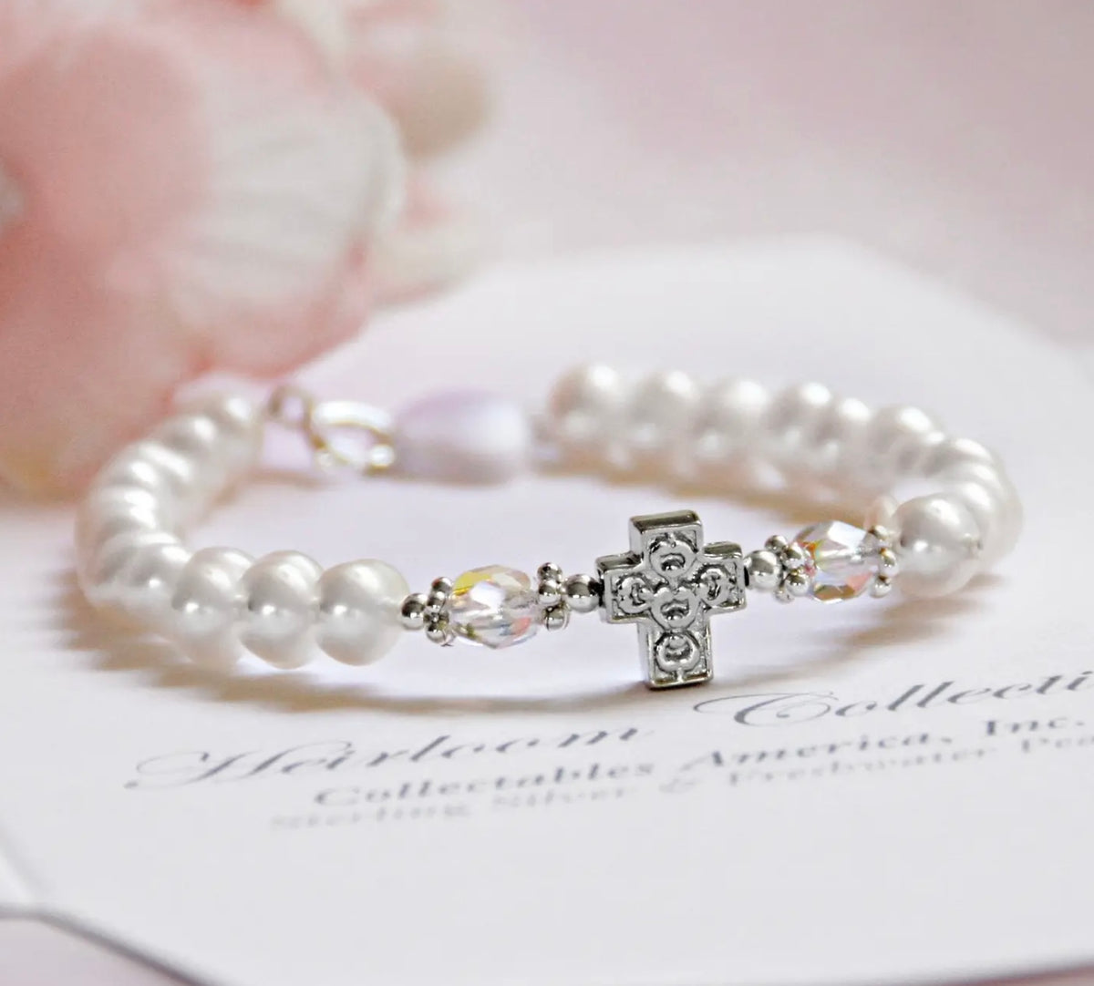 Nacre Pearl Sterling Cross 5" Bracelet
