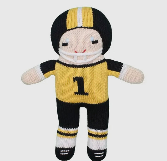 Black and gold crochet football rattle