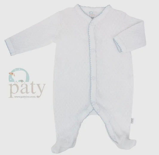 Paty White Knit Footie with Blue Trim