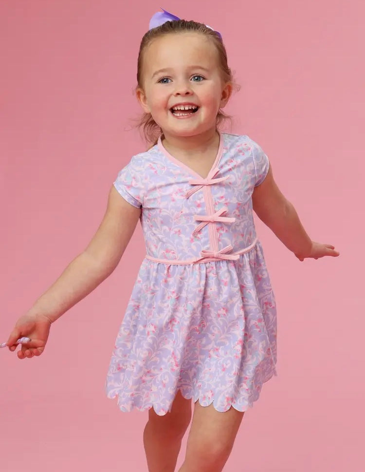 Girls Lavender Floral Princess Active Short Sleeve Bow Dress & Bike Short Set