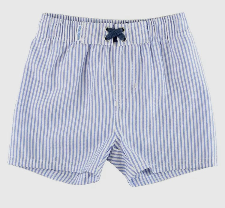 Blue seersucker swim trunks