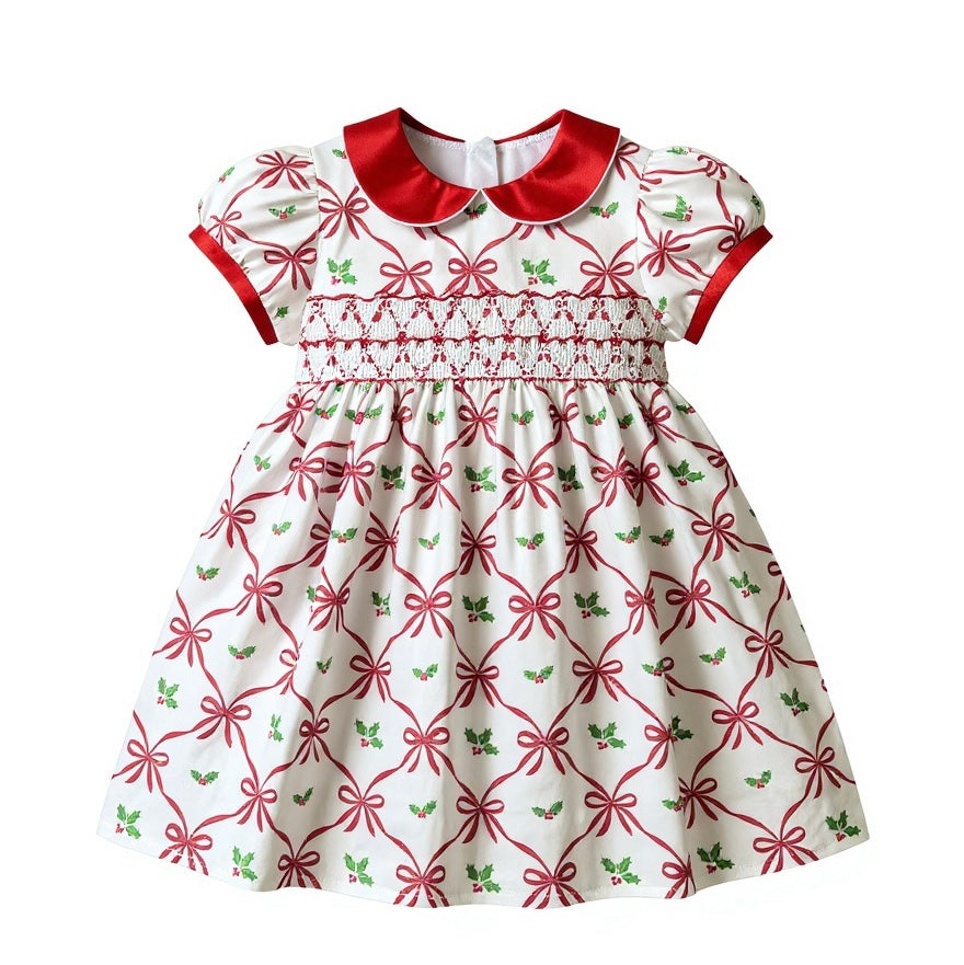 Red Holiday Bow Print Smocked Dress