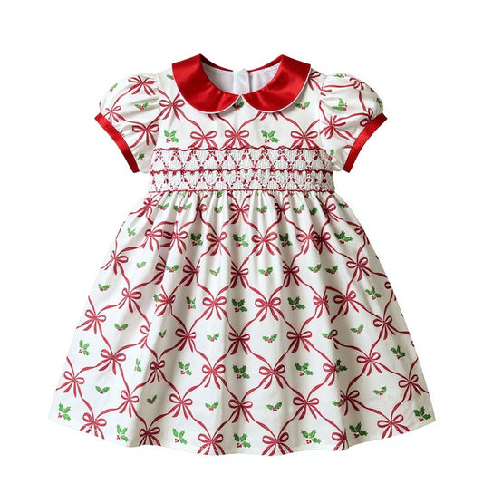 Red Holiday Bow Print Smocked Dress