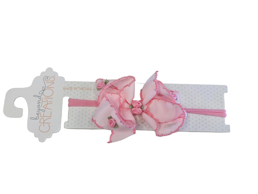 1/4" PANTYHOSE HDBD W/ FLOWER EMBELLISHED CROCHET EDGE BOW: Powder Pink w/ Pink Crochet Edge / 3.5" Medium