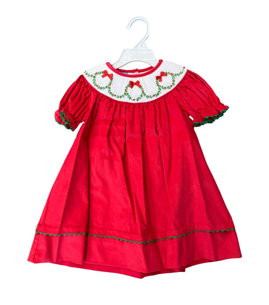 Red Corduroy Bishop Dress with Smocked Christmas Wreaths