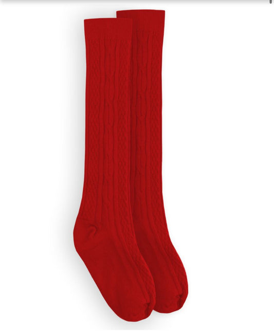 red knee high cable socks