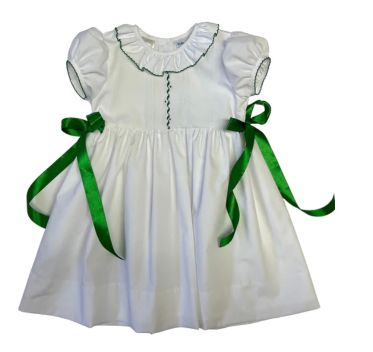 White and Green Embroidered Ruffle Collar Dress
