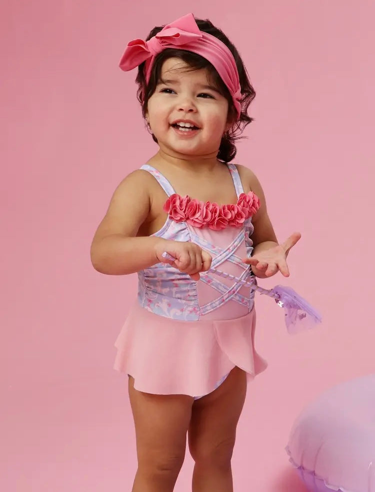 Girls Lavender Floral Princess Dress-Up One Piece Swimsuit