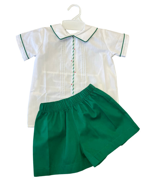White and Green Embroidered Pintuck Shortset