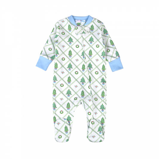 Blue Christmas Tree Pima Zipper Footie
