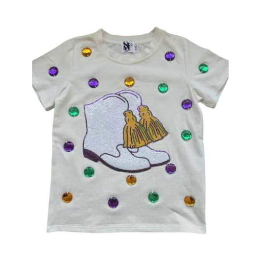 Child and Adult Rhinestone and Sequin Mardi Gras Boot Shirt