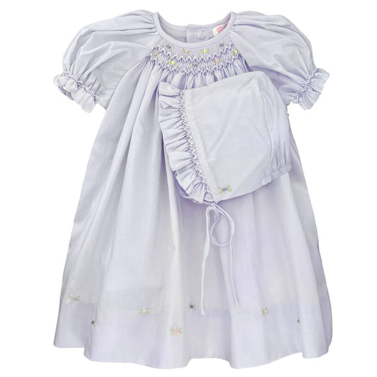 Lavender Smocked Daygown with Raglan Sleeves and Embroidered Hem