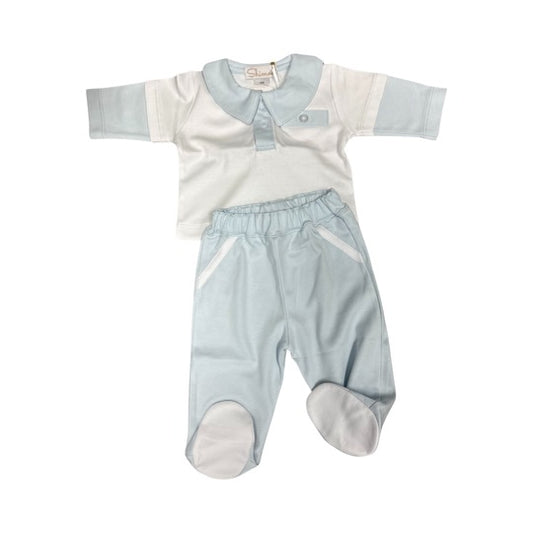 blue with white trim pant set