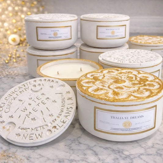 8 oz Reusable Nola Candles w/ Decorative lids * due to delicate nature of this product shipping is not offered. Pick up is offered only.