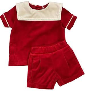 Red Velvet Square Collar Boy Shortset