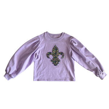 Lavender Puff Sleeve Sweatshirt with Rhinestone Fleur De Lis