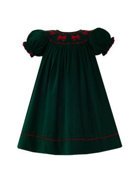 Green Corduroy Bishop Dress with Smocked Red Bow