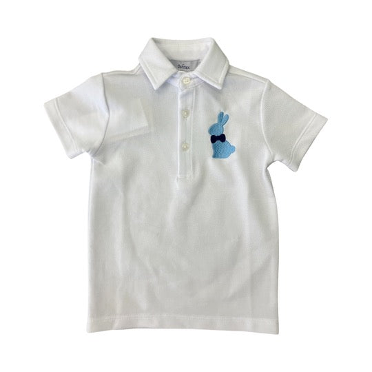 White polo with blue and navy bunny