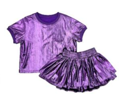 Purple metallic shimmery 2 piece shirt and flowy skirt set