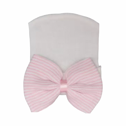 White Cotton Beanie with Pink Bow