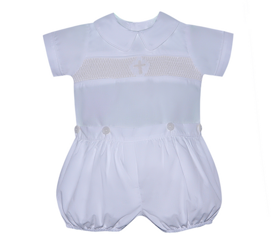 White smocked cross button suit