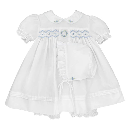 White Dress with Blue Flowered Smocking