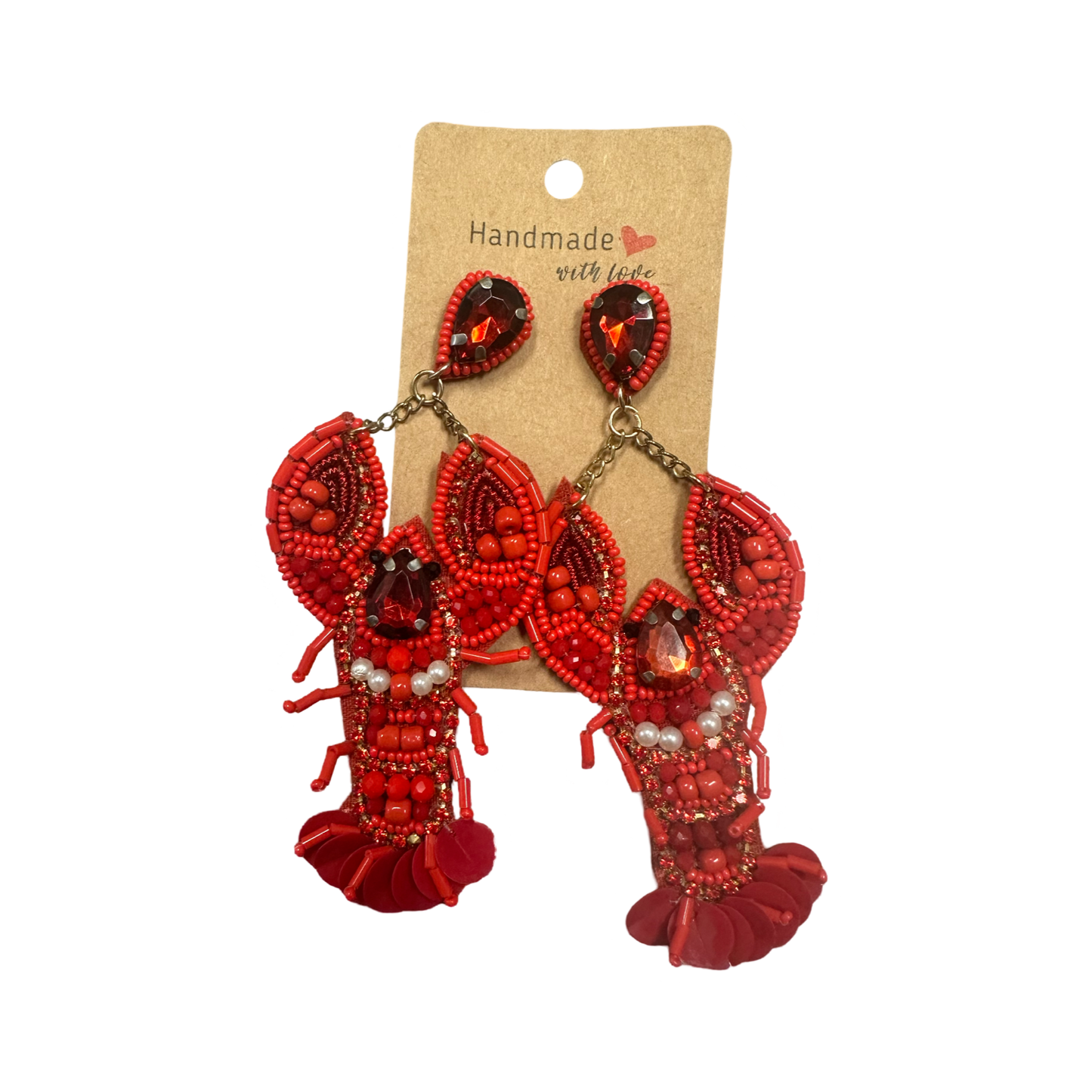 Red pearl and gold sequin dangle crawfish earrings