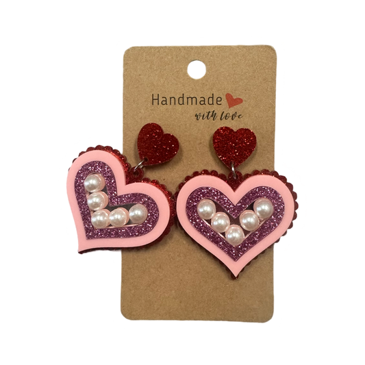 Pink and red heart dangle earrings