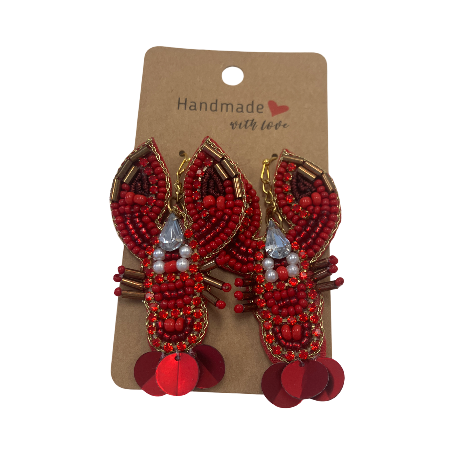 Red pearl and gold dangly crawfish earrings