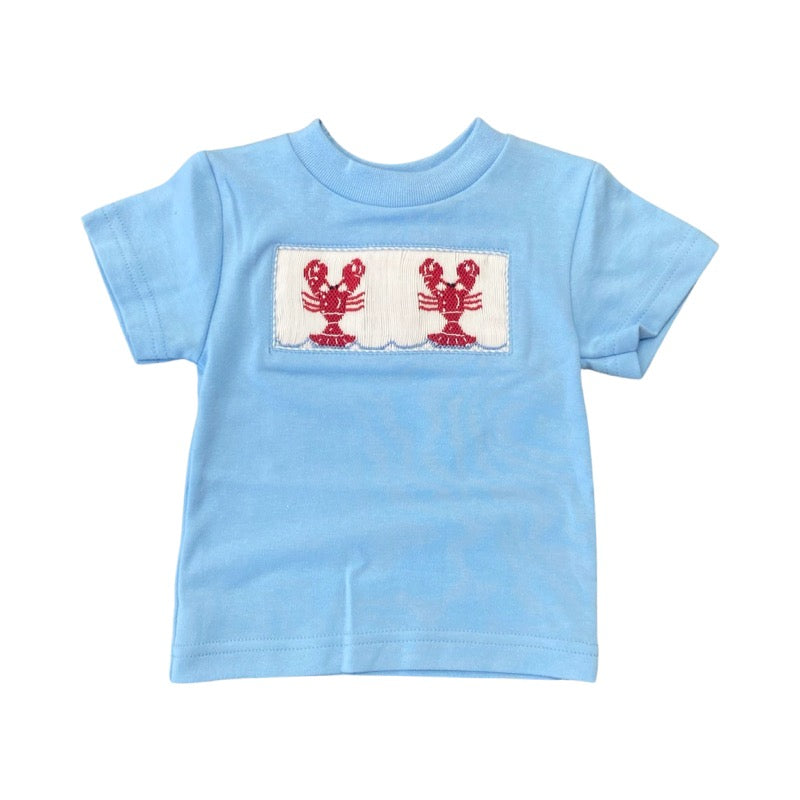 blue smocked crawfish shirt