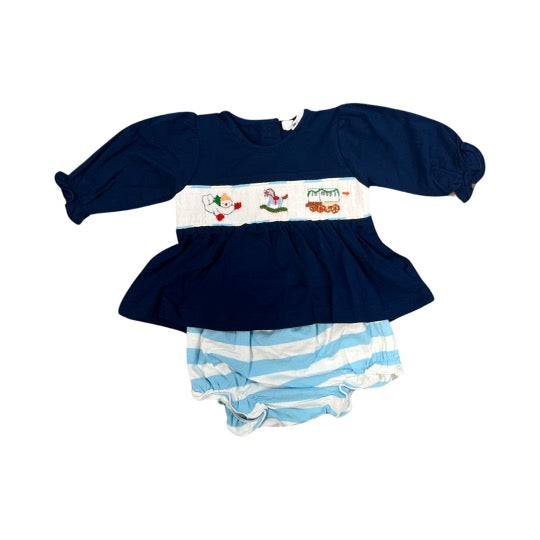 Smocked Nola Christmas girl bloomer set