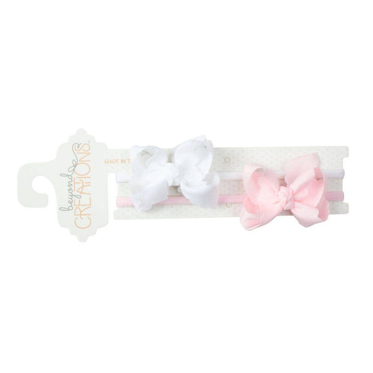 1/4" PANTYHOSE HEADBAND W/ SMALL SCALLOPED EDGE BOW (2 PACK): White/ Light Pink