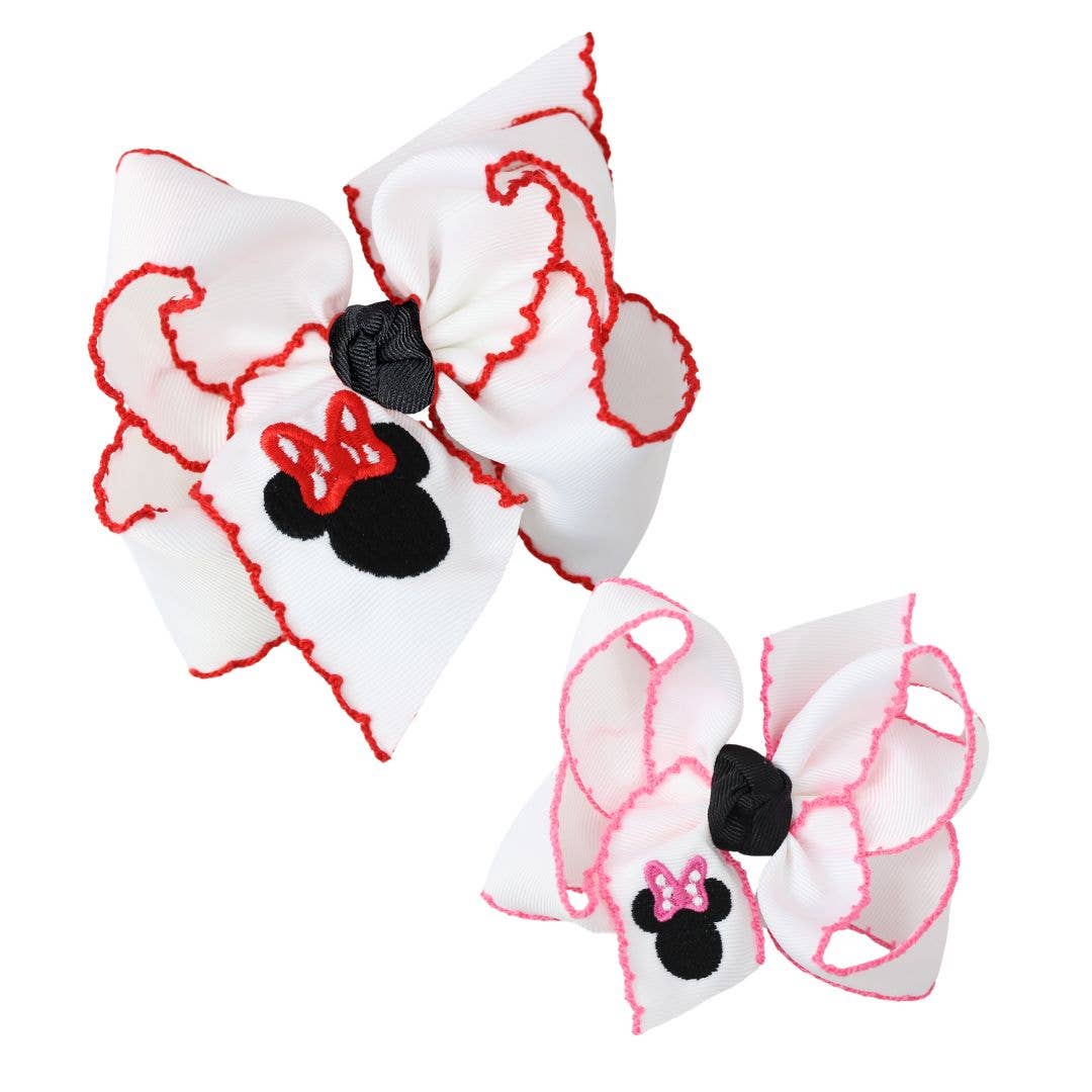 EMBROIDERED Minnie ON CROCHET EDGE BOWS: / 4.5" Large
