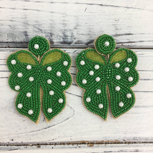 Bead/pearl green bow earrings