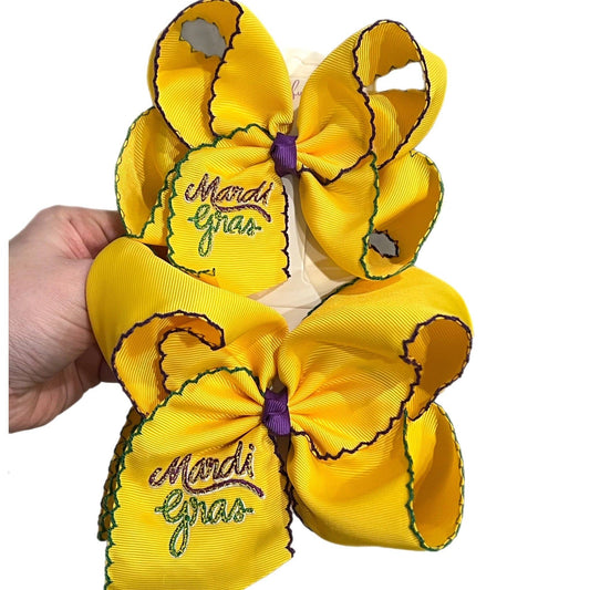 Yellow Mardi Gras Embroidered Moonstitch Hair Bow: 5 inch