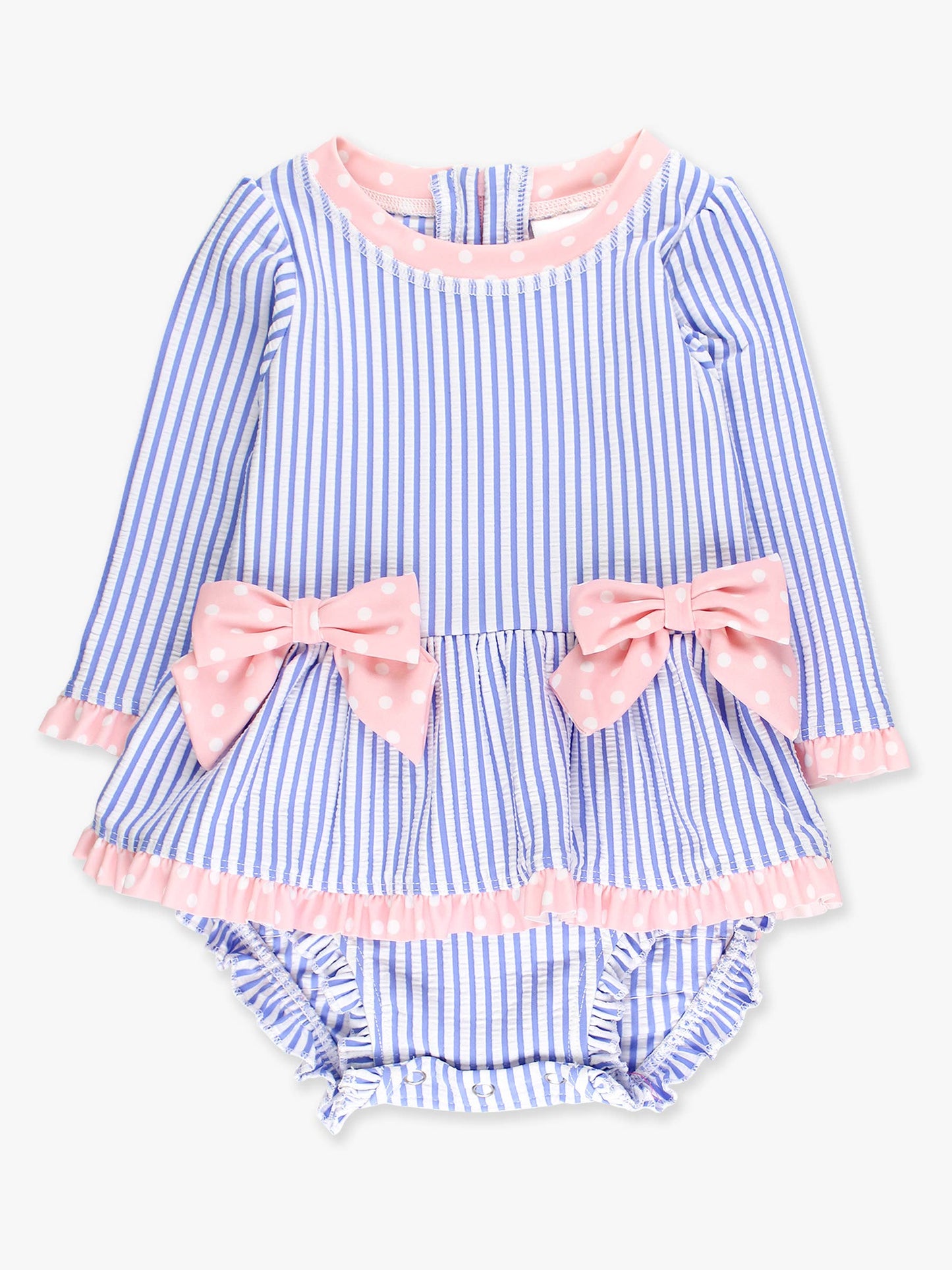 Baby Girls Periwinkle Blue Seersucker Long Sleeve One Piece Bow Peplum Rash Guard Swimsuit with Signature Rear Ruffles