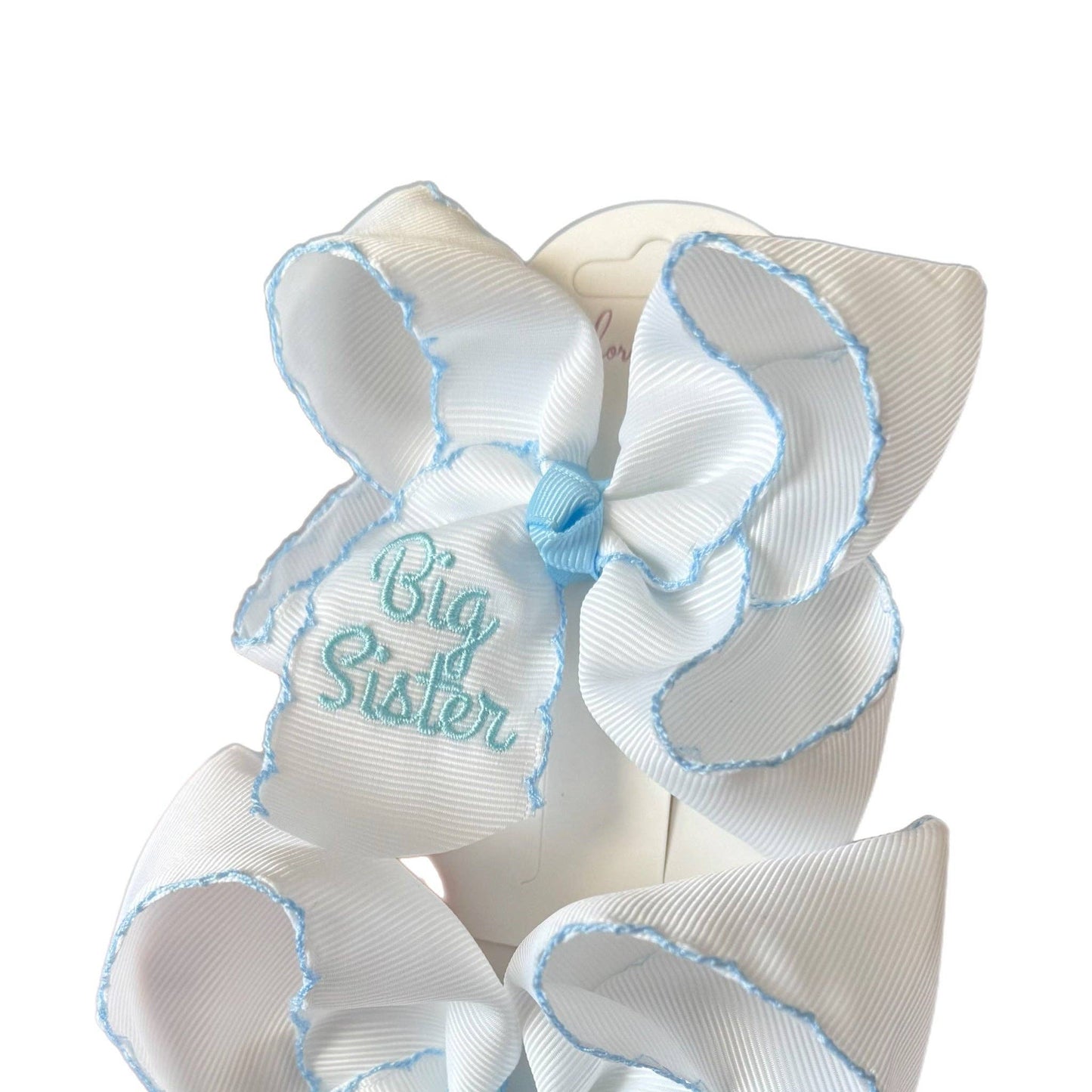 Big Sister Embroidered Moonstitch Hair Bow: Blue or Pink