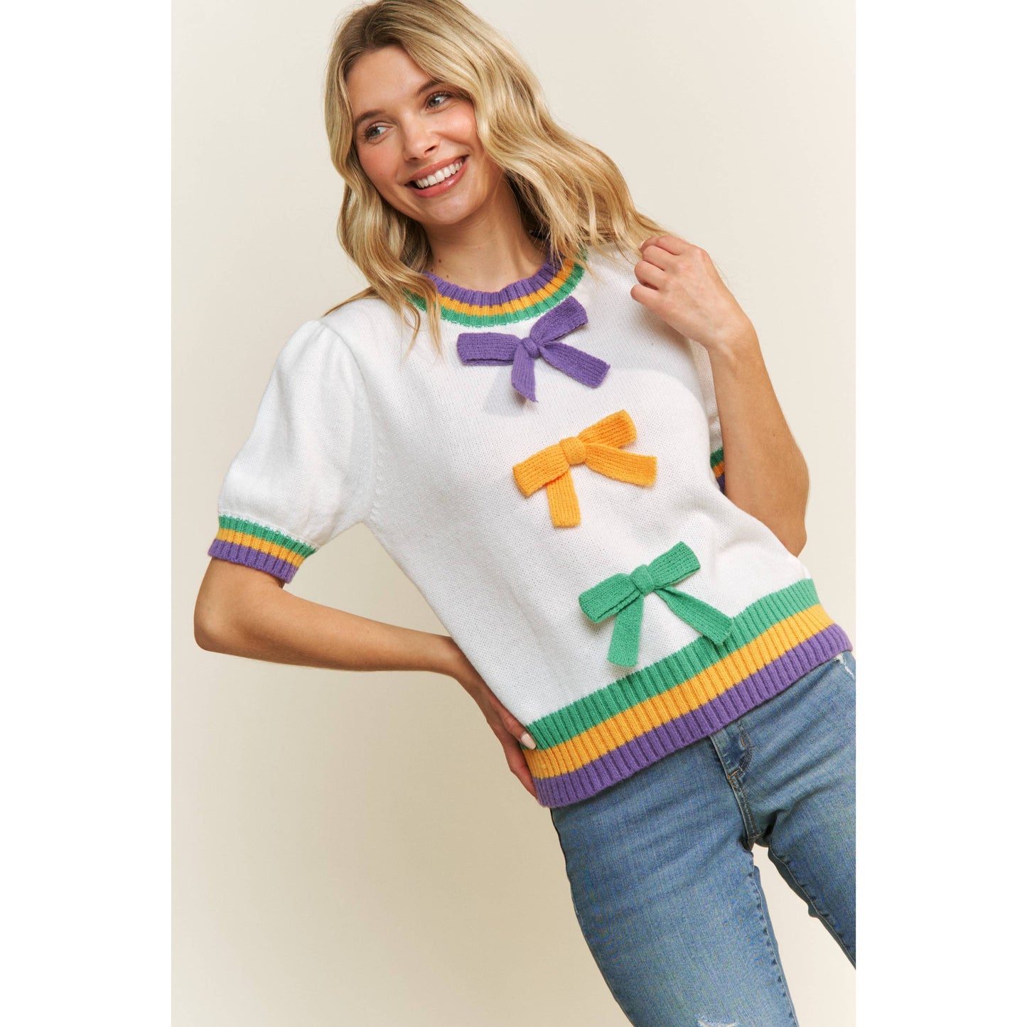 MARDI GRAS BOW DETAIL PUFF SLEEVE PULLOVER TOP