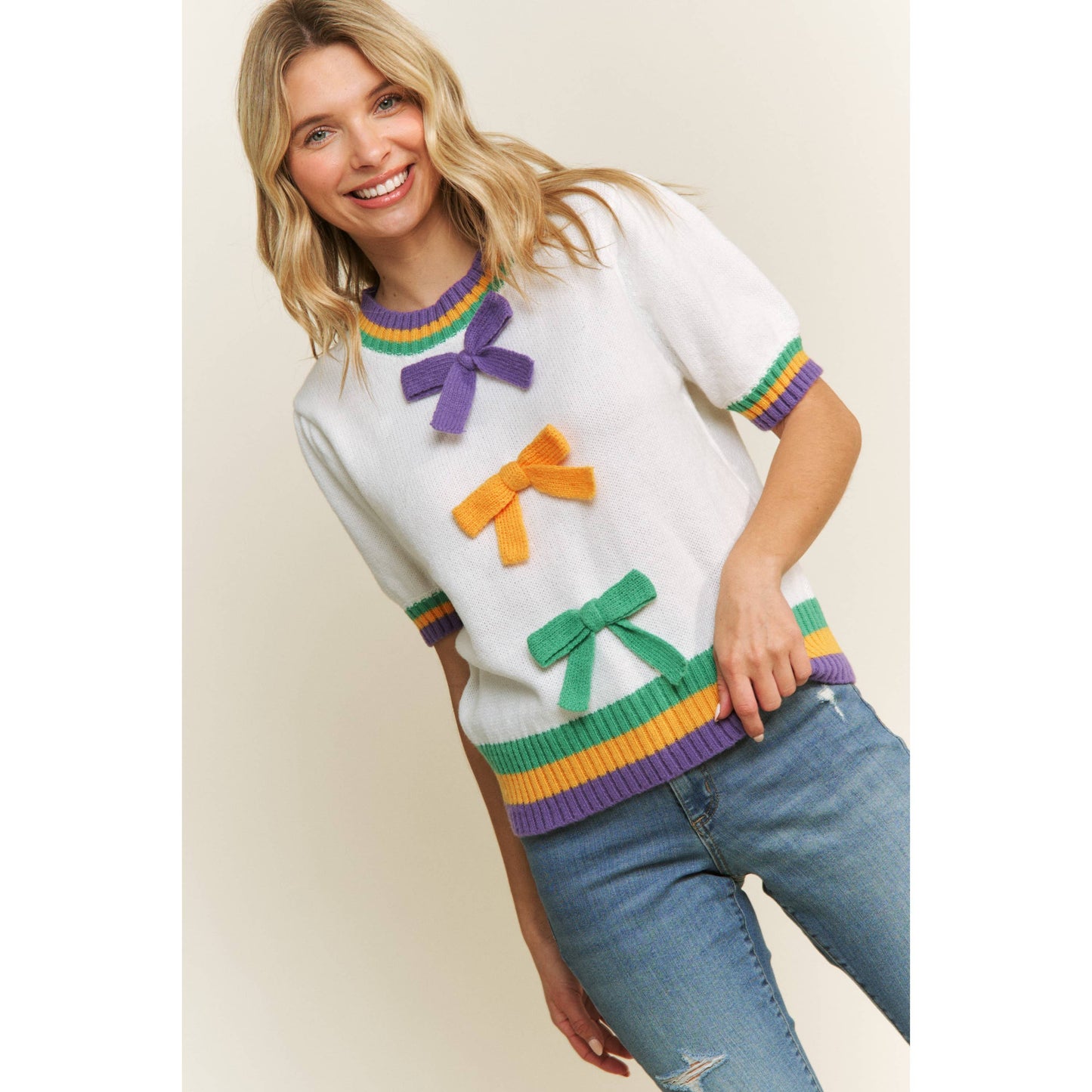 MARDI GRAS BOW DETAIL PUFF SLEEVE PULLOVER TOP