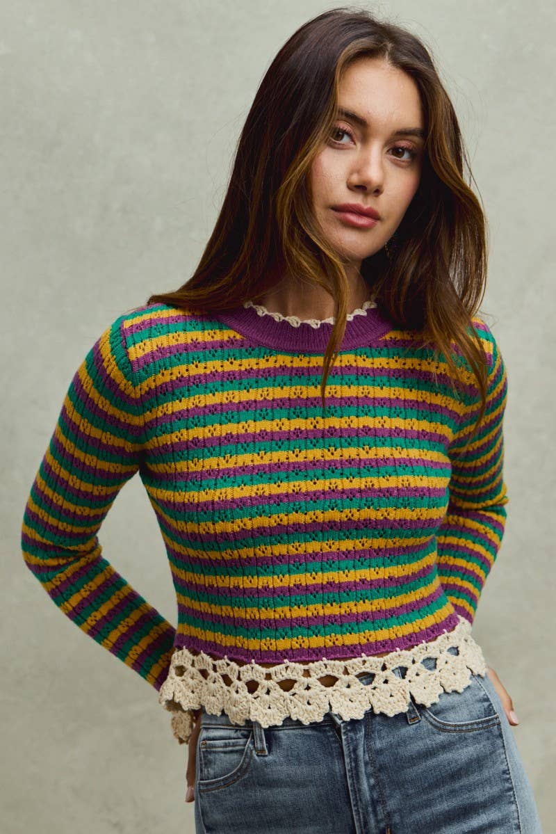 Mardi Gras Stripe Sweater Top With Crochet Edge
