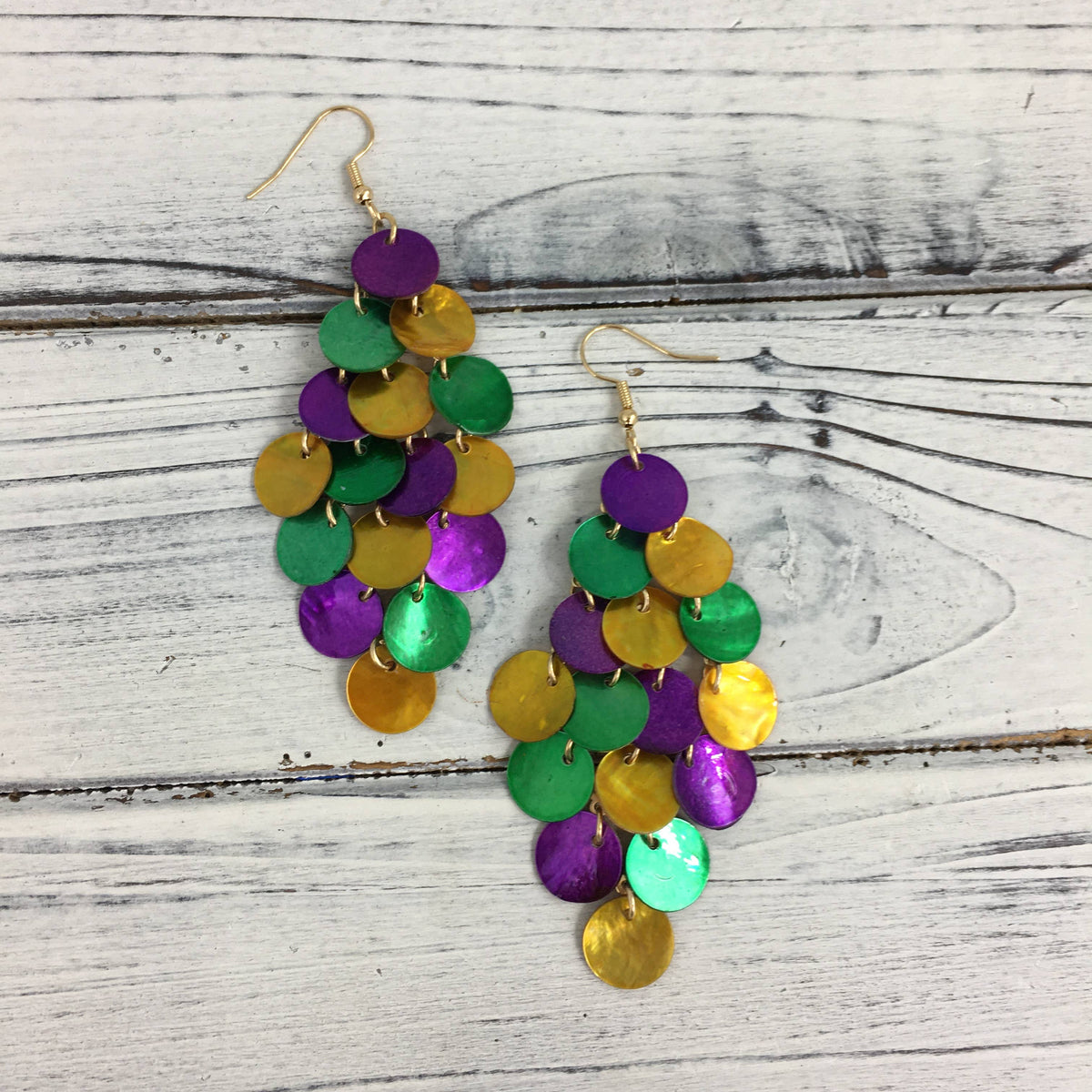 Mardi Gras Shell Disk Drop Earrings