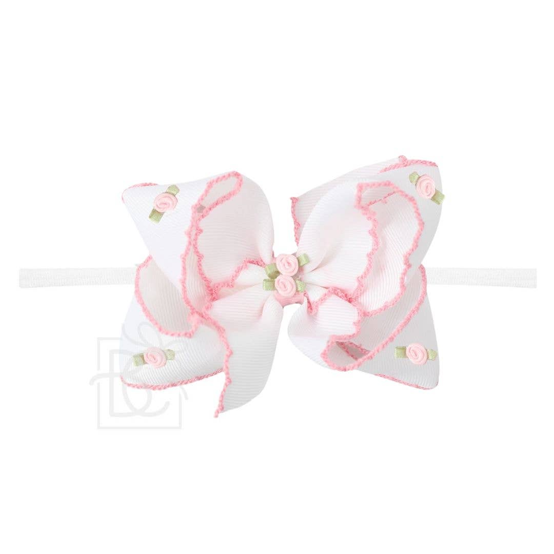 1/4" PANTYHOSE HDBD W/ FLOWER EMBELLISHED CROCHET EDGE BOW: Powder Pink w/ Pink Crochet Edge / 3.5" Medium
