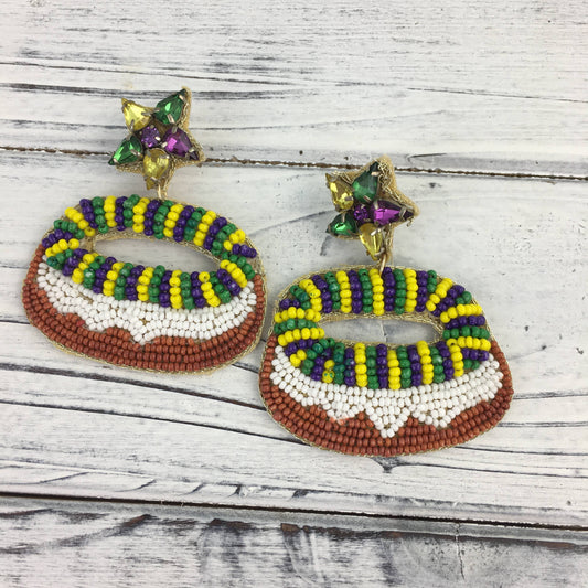 Mardi Gras beaded king cake earrings