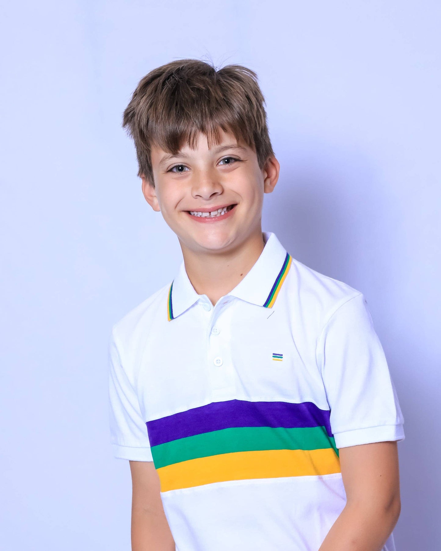 White Chest Stripe Youth Short Sleeve Mardi Gras Polo